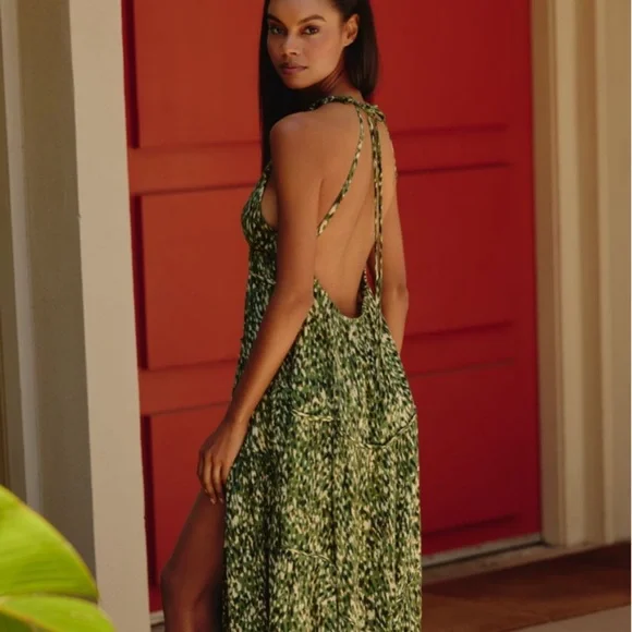 Celandine Green Printed Halter Maxi Dress with Front Slit from anthropologie - Picture 4 of 7